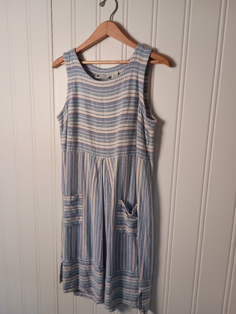 Ella Simone- Striped Sleeveless Linen Dress in Light Blue and White- Size L